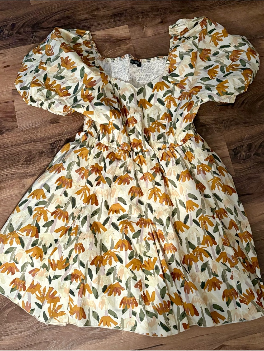 Mikarose Cream Floral Puff-Sleeve Dress with Mustard Blooms